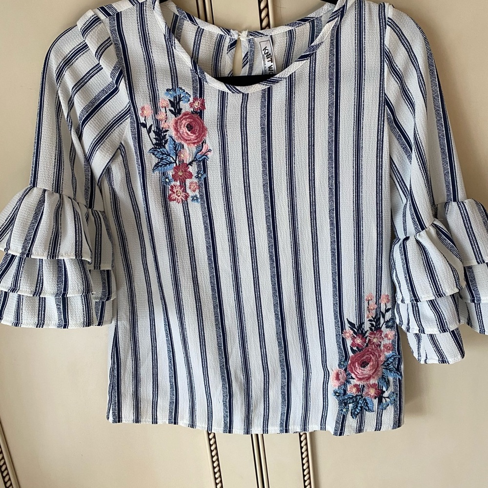 blue and white striped bell sleeved blouse
